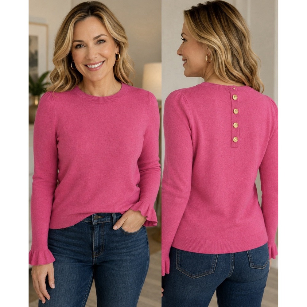 Talbots Women's Pullover Sweater Size P Pink Lambswool Blend Bell Long Sleeves